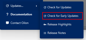 Menu items: Updates... -> Check for Early Updates