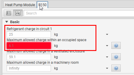 The maximum charge tab. The maximum allowed charge highlighted in red (too small for the current refrigerant charge).