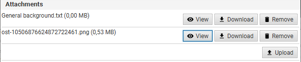 List of attachment with buttons for removing, viewing, and downloading files.